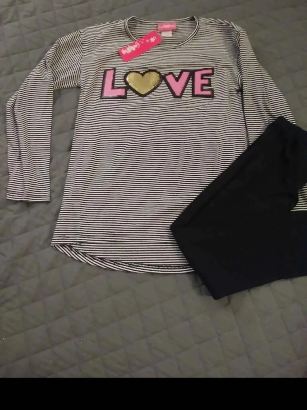 Girls Striped 'LOVE' Top and Black Leggings Matching Set